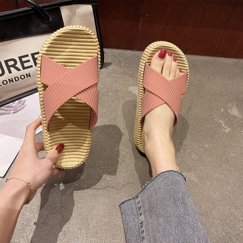 White & Beige Woven Slippers