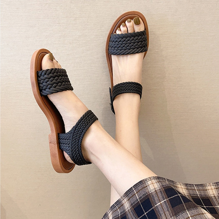 Chic Braided Strap Sandals - Brown and Black