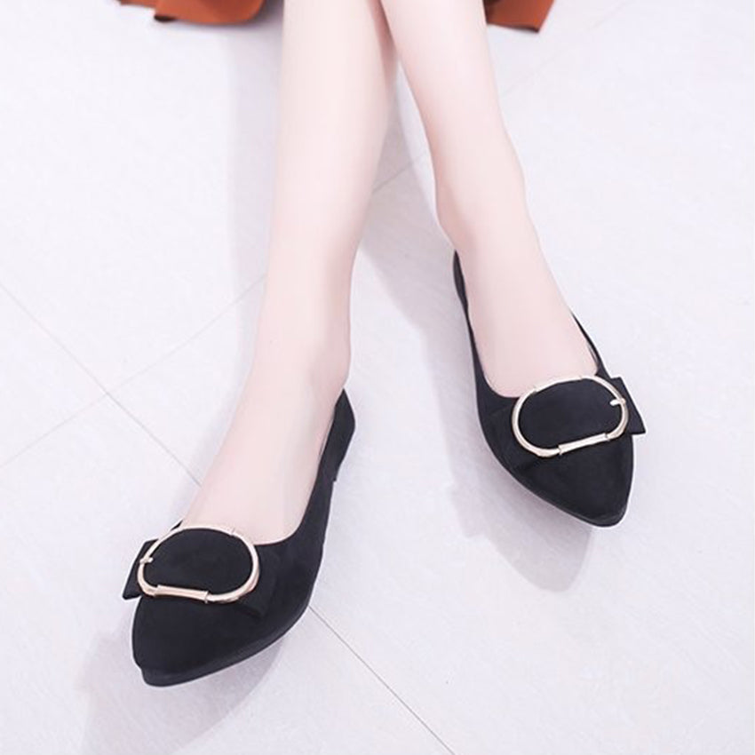 Black Pointed-Toe Flats with Gold Buckle