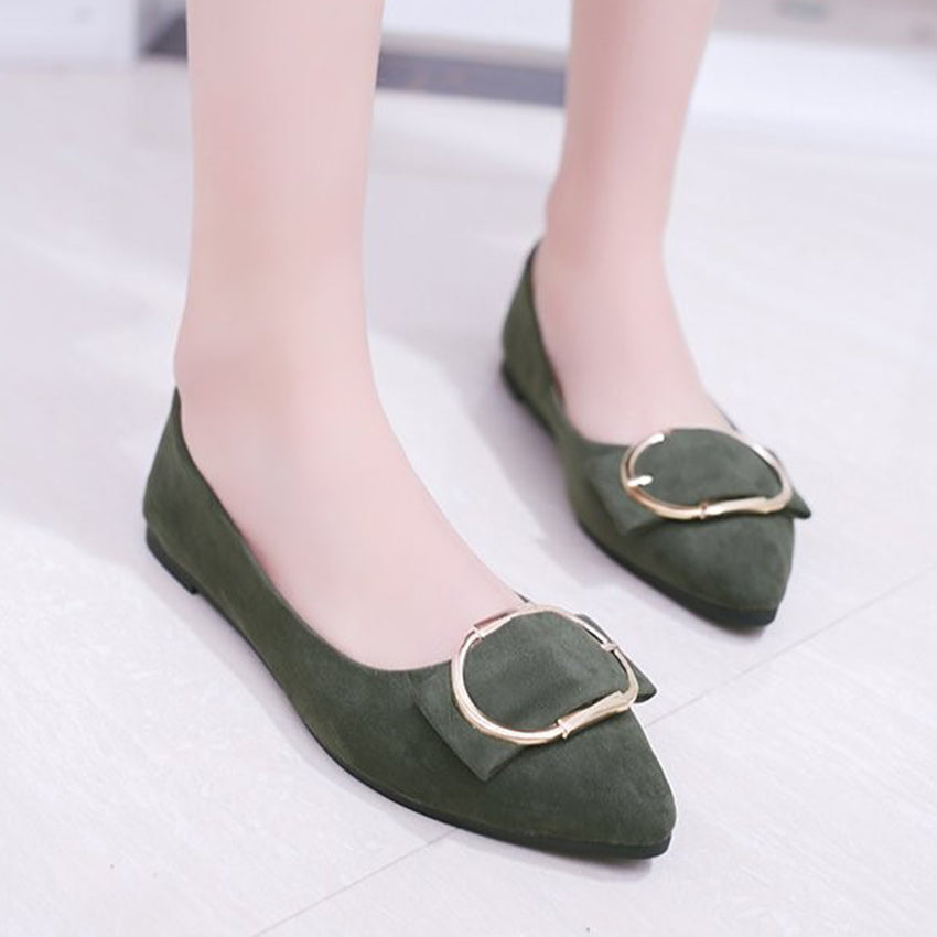 Black Pointed-Toe Flats with Gold Buckle