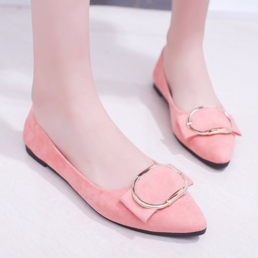 Black Pointed-Toe Flats with Gold Buckle