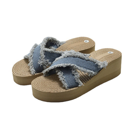 Denim Crisscross Woven Wedge