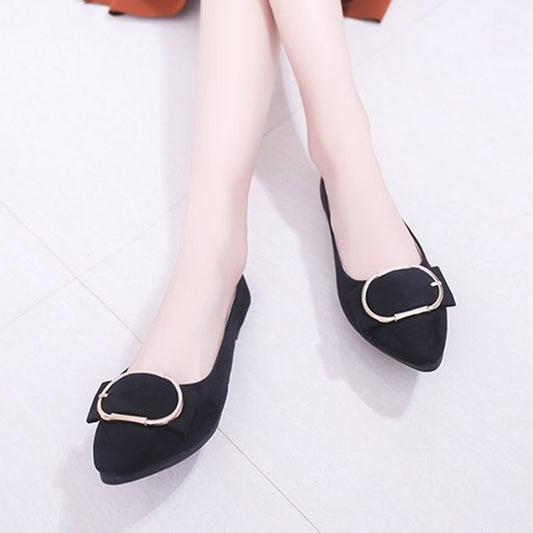 Black Pointed-Toe Flats with Gold Buckle